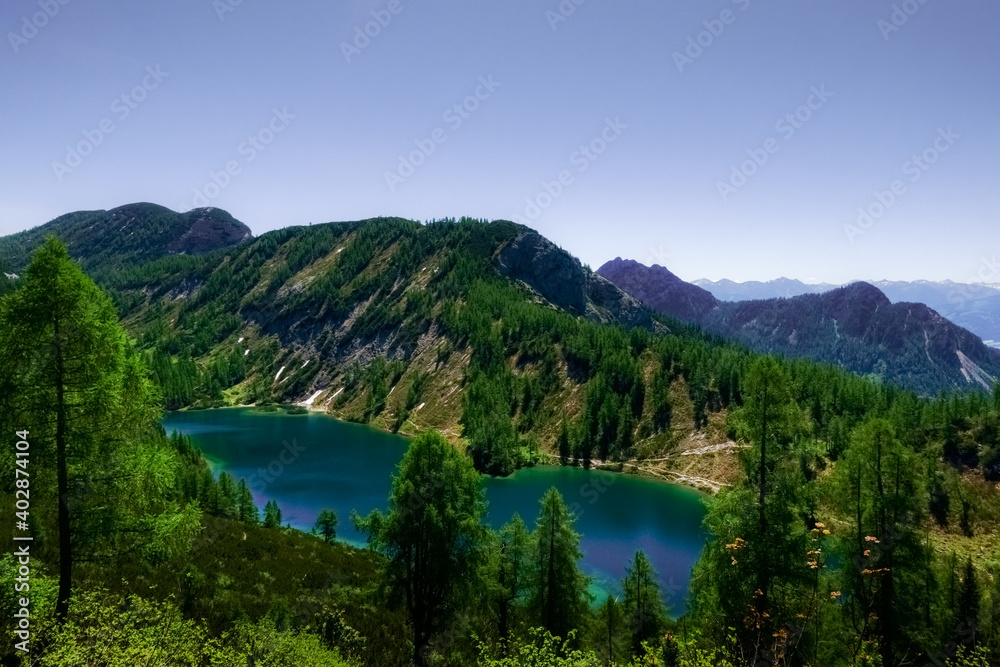 amazing blue lake in the mountains on summer vacation