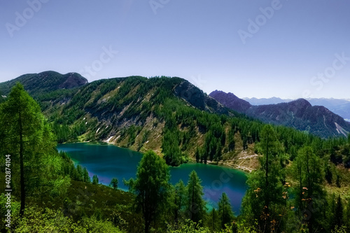 amazing blue lake in the mountains on summer vacation