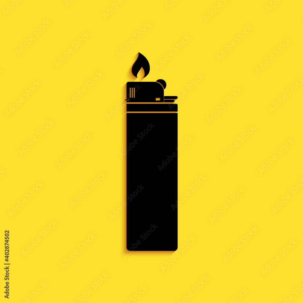 Black Lighter icon isolated on yellow background. Long shadow style. Vector.