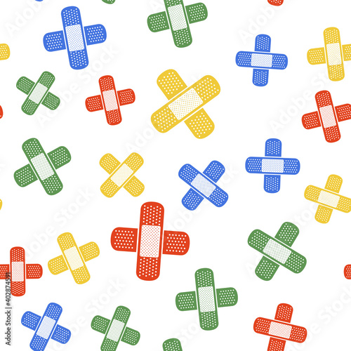 Color Set Bandage plaster icon isolated seamless pattern on white background. Medical plaster, adhesive bandage, flexible fabric bandage. Vector.
