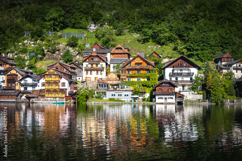 houses of hallstatt, austria, reflection
