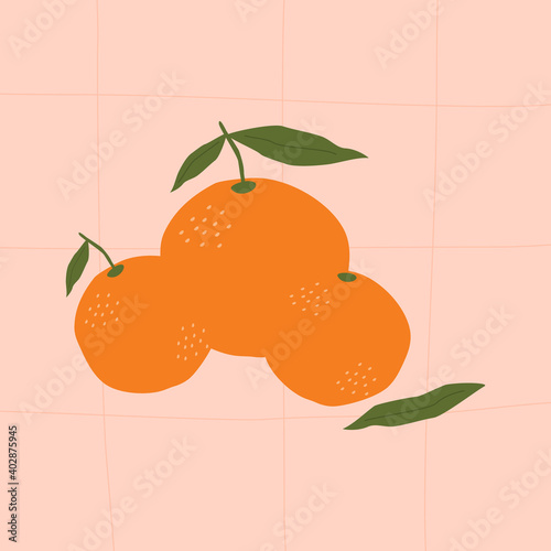 Orange tangerines with green branches and green leaves on a pastel background. Flat vector illustration.