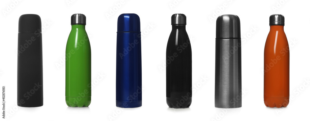 Set with modern thermoses isolated on white. Banner design Set with modern thermoses isolated on white. Banner design