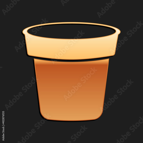 Gold Flower pot icon isolated on black background. Long shadow style. Vector.