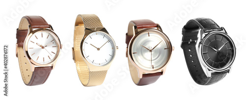 Collage of stylish watches on white background. Banner design