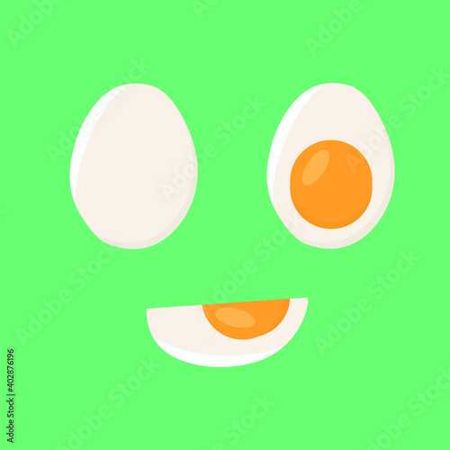 Cartoon cooked eggs. Fried, hard, soft boiled, sliced eggs with yolk, protein breakfast ingredient.