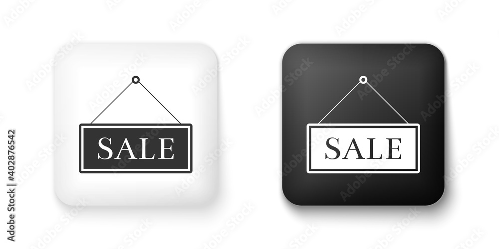 Black and white Hanging sign with text Sale icon isolated on white background. Square button. Vector. Black and white Hanging sign with text Sale icon isolated on white background. Square button. Vector.