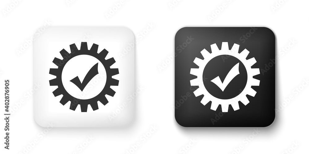 Black and white Gear with check mark icon isolated on white background. Cogwheel simple icon. Approved service sign. Transmission Rotation Mechanism symbol. Square button. Vector. Black and white Gear with check mark icon isolated on white background. Cogwheel simple icon. Approved service sign. Transmission Rotation Mechanism symbol. Square button. Vector.