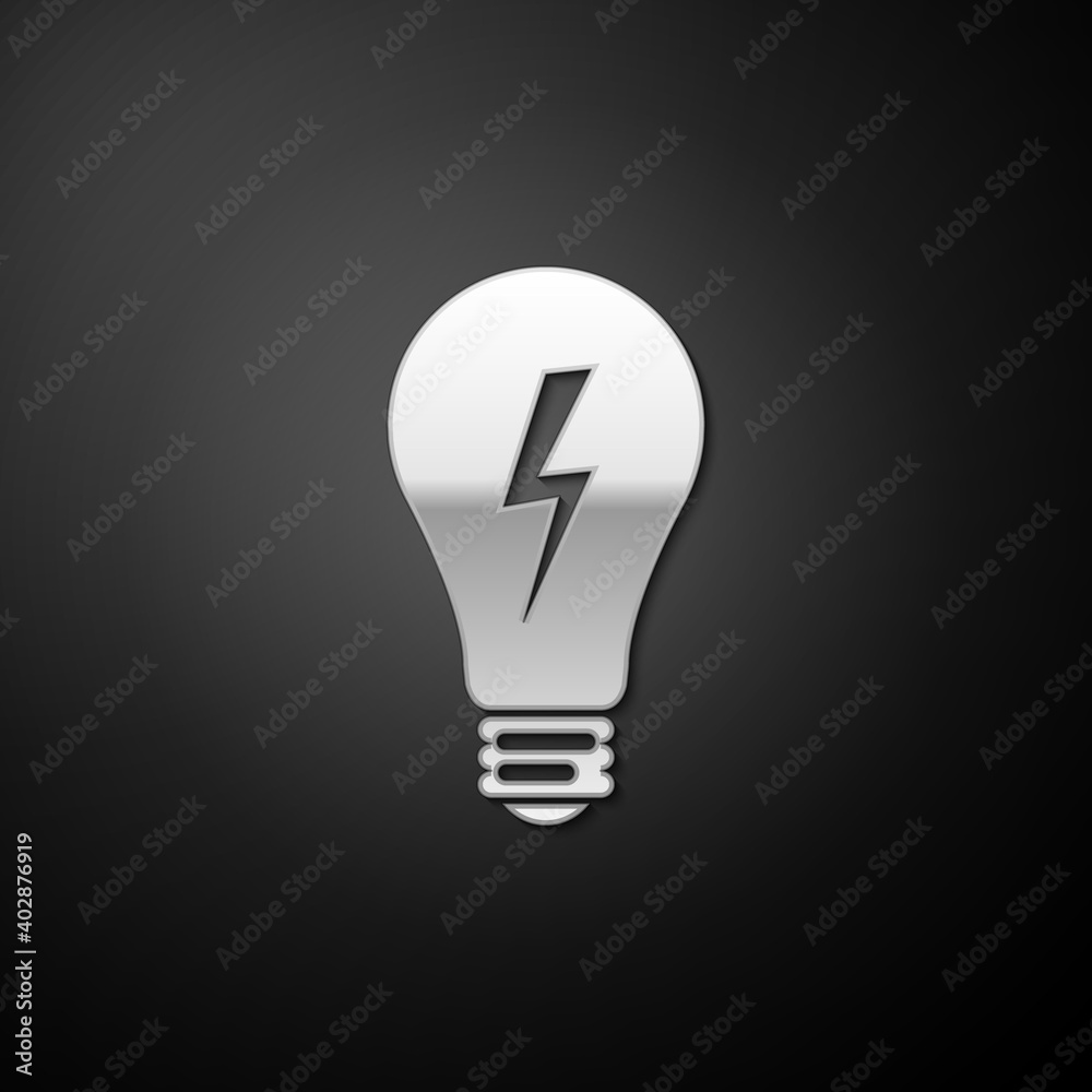 Silver Light lamp sign. Bulb with lightning symbol icon isolated on black background. Idea symbol. Long shadow style. Vector. Silver Light lamp sign. Bulb with lightning symbol icon isolated on black background. Idea symbol. Long shadow style. Vector.