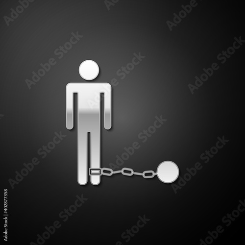 Silver Prisoner with ball on chain icon isolated on black background. Long shadow style. Vector.