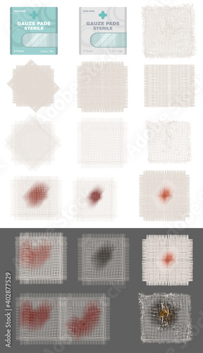 Set of gauzes with blood vector element medical bandage