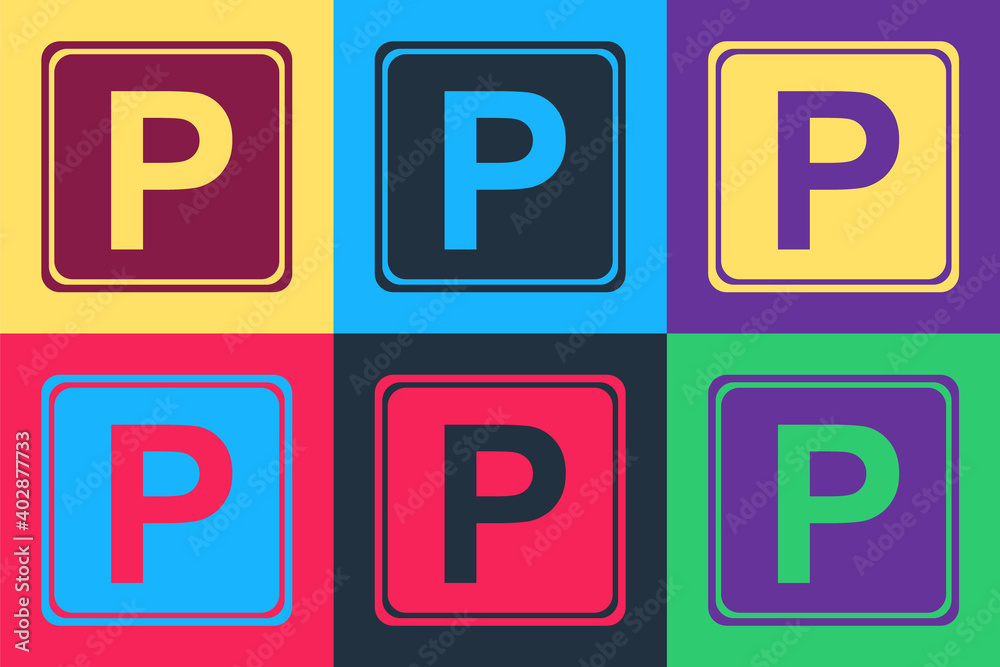 Pop art Parking sign icon isolated on color background. Street road sign. Vector. Pop art Parking sign icon isolated on color background. Street road sign. Vector.