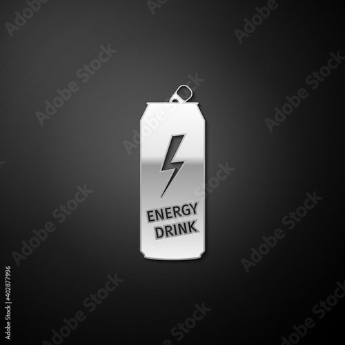 Silver Energy drink icon isolated on black background. Long shadow style. Vector.