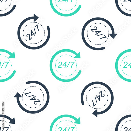 Green Open 24 hours a day and 7 days a week icon isolated seamless pattern on white background. All day cyclic icon. Vector.