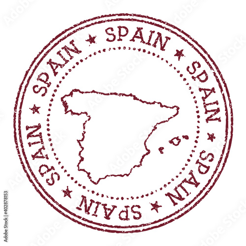 Spain round rubber stamp with country map. Vintage red passport stamp with circular text and stars, vector illustration.