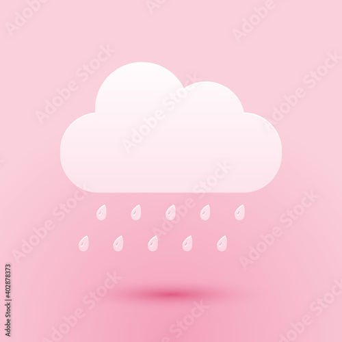 Paper cut Cloud with rain icon isolated on pink background. Rain nimbus cloud precipitation with rain drops. Paper art style. Vector.