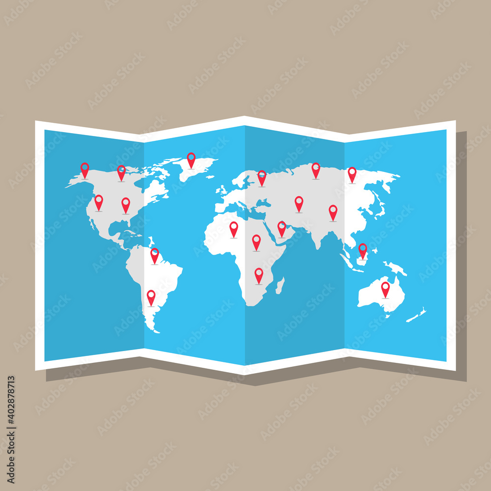 Fototapeta premium Paper map of world with color point markers. Vector illustration.