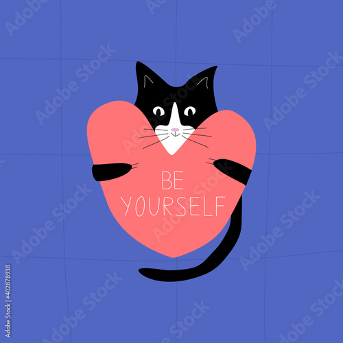 Cheerful black cat hugs a big heart. Cute cat with big red heart on a blue background ."Be yourself" funny card. Doodle illustration vector.
