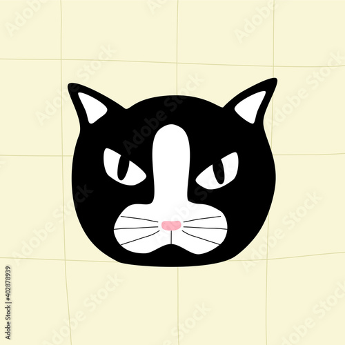 Black and white angry cat. Head of  cranky black cat with big angry eyes. Cat head cartoon. Smiley cat. 