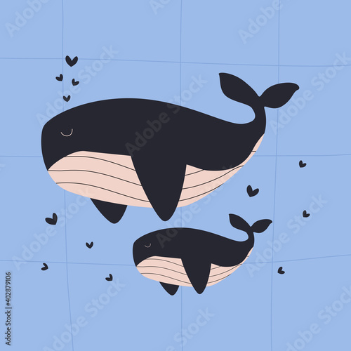 Cute cartoon blue whales with hearts. Mom and baby blue whales card. Wild marine mammals. Doodle illustration vector.