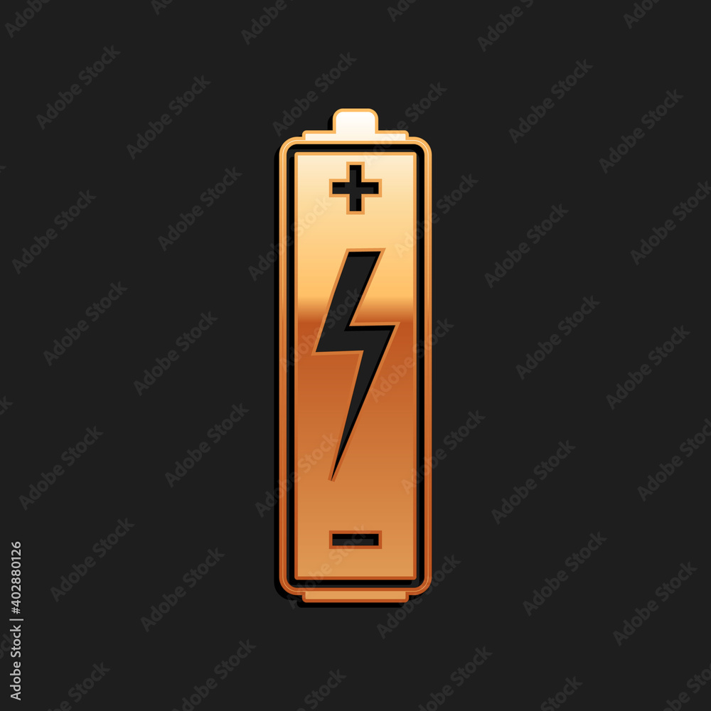 Gold Battery icon isolated on black background. Lightning bolt symbol. Long shadow style. Vector. Gold Battery icon isolated on black background. Lightning bolt symbol. Long shadow style. Vector.