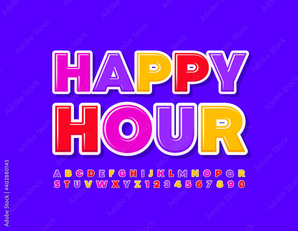 Vector bright banner Happy Hour. Colorful modern Font. Creative Alphabet Letters and Numbers set