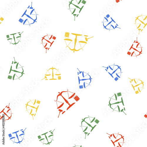 Color Scales of justice, gavel and book icon isolated seamless pattern on white background. Symbol of law and justice. Concept law. Legal law and auction symbol. Vector.
