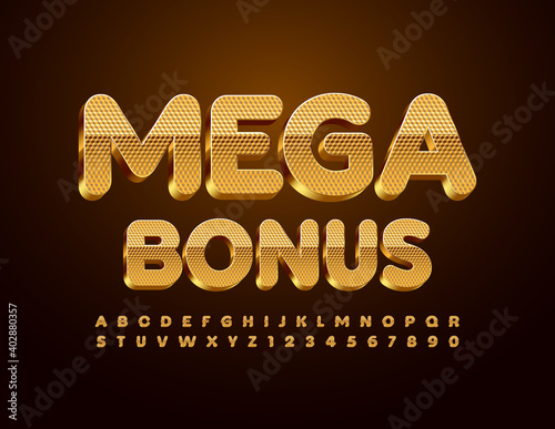 Vector promo banner Mega Bonus. Textured Gold Font. 3D luxury Alphabet Letters and Numbers set
