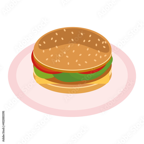 hamburger on a plate with cheese, tomato, salad, burgers, buns and sesame icon. vector flat. american fast food.