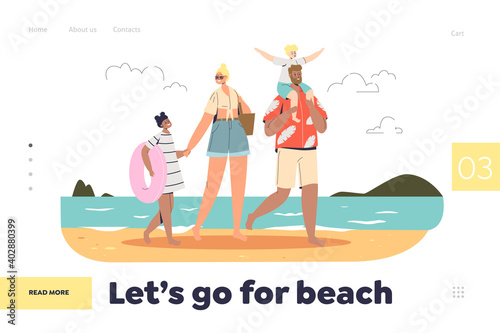 Lets go to beach landing page concept with happy family on summer vacation