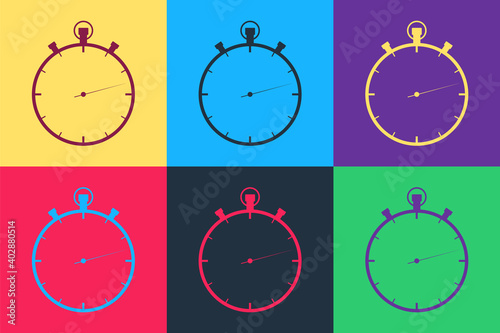 Pop art Stopwatch icon isolated on color background. Time timer sign. Vector.