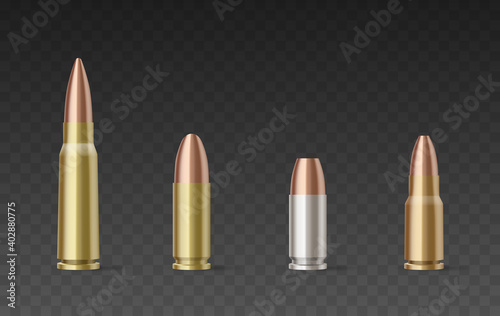 Bullets of different calibers and materials isolated on transparent background