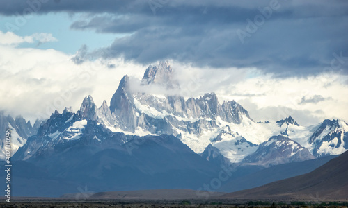 horizontal Rocky snowy mountain the best amazing hiking in the world. Fitz Roy in Argentina