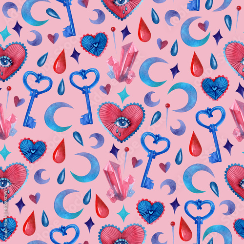 Wallpaper Mural Seamless pattern with hand-drawn watercolor elements. Print with hearts, keys, crystals and other watercolor elements. For wrapping paper, wallpaper, textiles and more. Torontodigital.ca