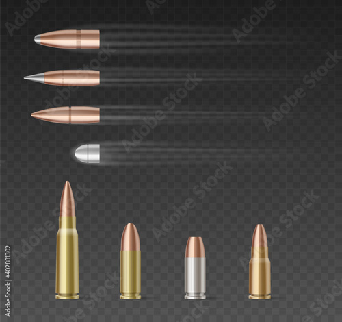 Set of bullets of different caliber over transparent background. 3d realistic bullets collection. photo