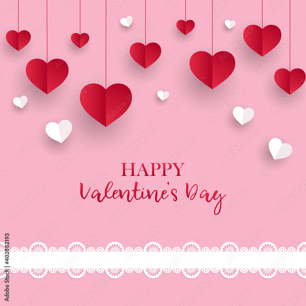 Happy Valentine’s Day greeting card or banner with paper cut tape and red suspended hearts