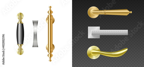 Modern door handles. Silver and golden metal furniture handles for opened room doors