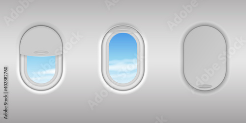 Realistic detailed 3d airplane window with blue sky view set. Porthole with open and closed glass