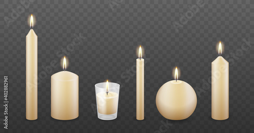 Set of realistic burning festive candles of different shapes and sizes with fire and flame