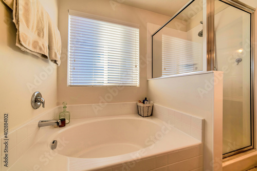 Minimalist bathroom interior with glass walled shower stall and round bathtub