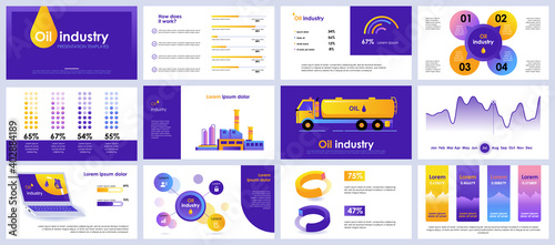 Oil industry presentation slides templates from infographic elements and vector illustration. Can be used for presentation oil industry company, brochure, marketing, annual report, banner, booklet.