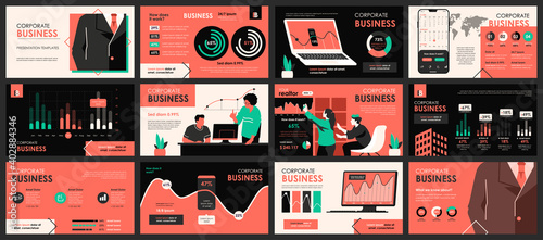 Business meeting presentation slides templates from infographic elements and vector illustration. Can be used for presentation teamwork, brochure, marketing, annual report, banner, booklet.