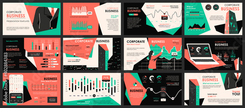 Business meeting presentation slides templates from infographic elements and vector illustration. Can be used for presentation teamwork, brochure, marketing, annual report, banner, booklet.