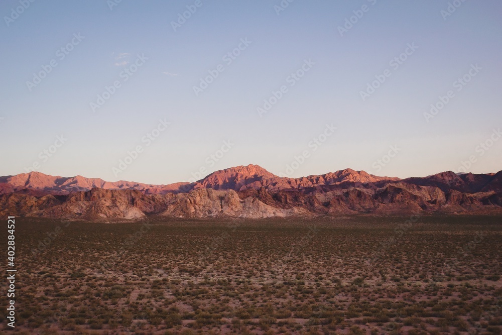Arid rocky sierra at sunset near Uspallata, Mendoza, Argentina.