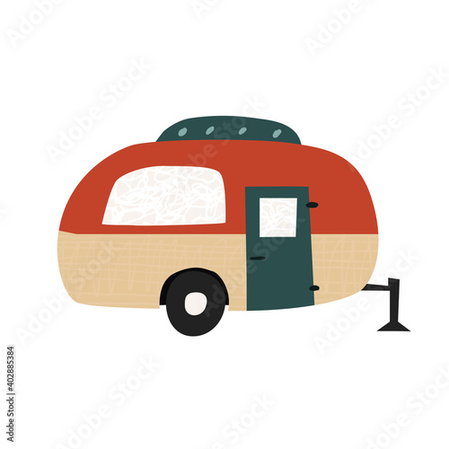 Hand drawn camper trailer isolated on white background. Fun doodle drawing of recreational vehicle. Cute motor home with wheels. Camper van in flat style. Trendy vector illustration