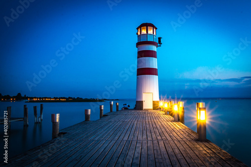 lighthouse at blue hour, podersdorf, burgenland, neusiedler see, long exposure