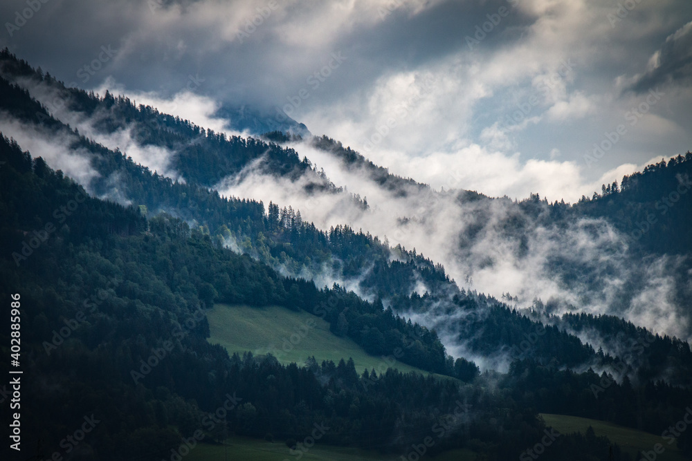 morning fog in the mountains, alps, schladming, austria