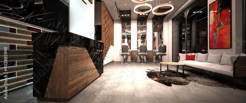 Retro styled barbershop. Three empty chairs on a stone floor. Vintage hair salon. Photorealistic 3D illustration.