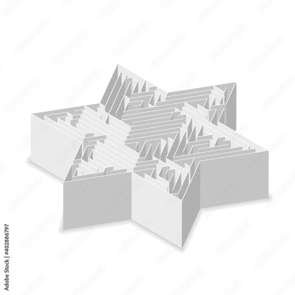 Naklejka premium Star-shaped complicated gray labyrinth in isometric view on white