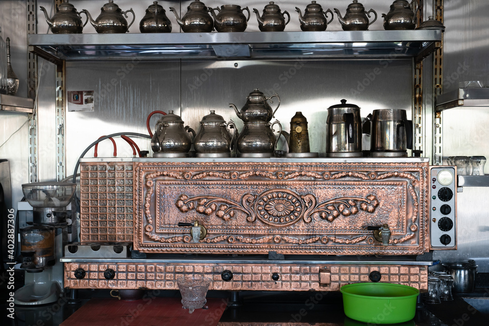 Turkish copper tea pots in a Turkish tea house/shop.